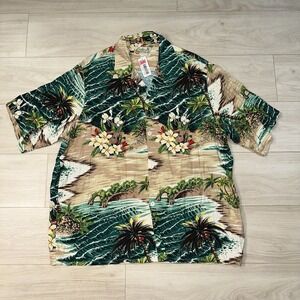 Lucky Brand Hula Wear Button Up Mens XL Aloha Shirt Rayon Head Waves Surf New